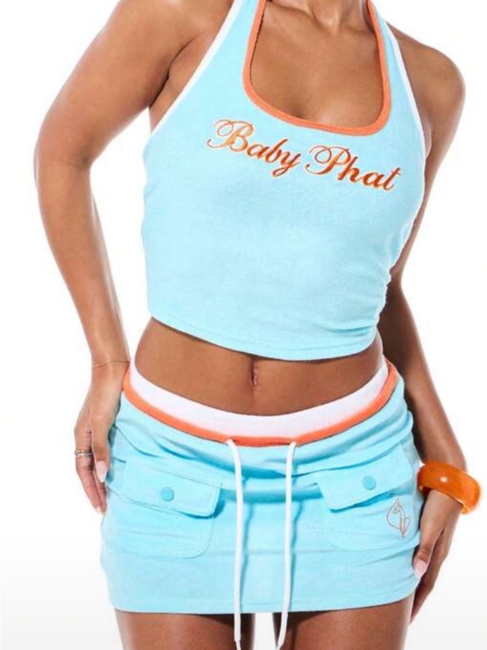 SHEIN Baby Phat Light Blue and Orange Halter Crop Top & Skirt Set